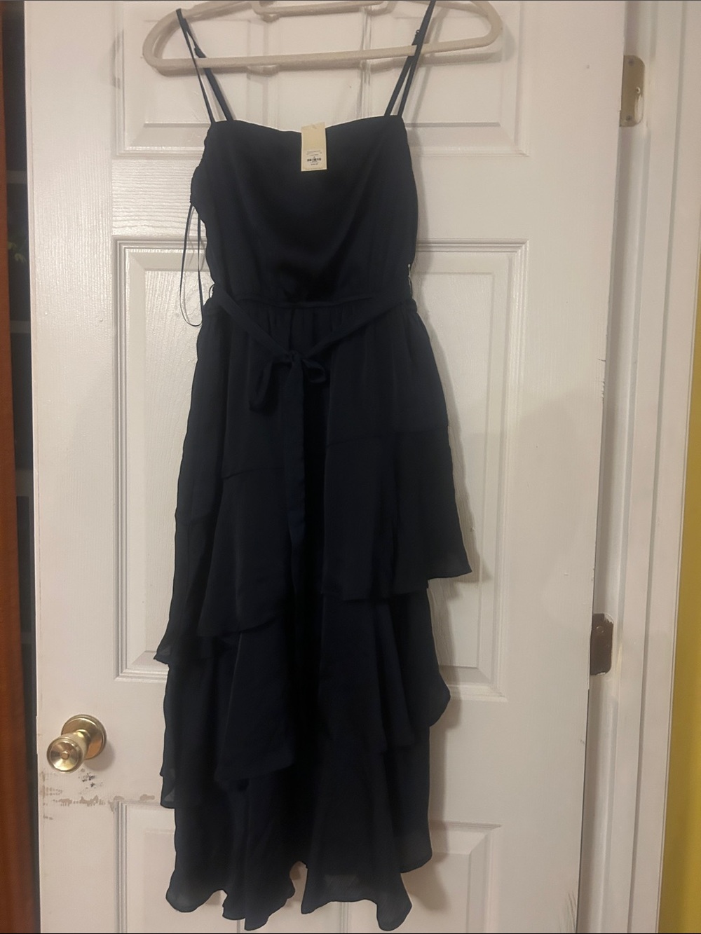 Francesca's Collections Navy Strapless Tiered Ruffle Maxi Dress with Waist Tie